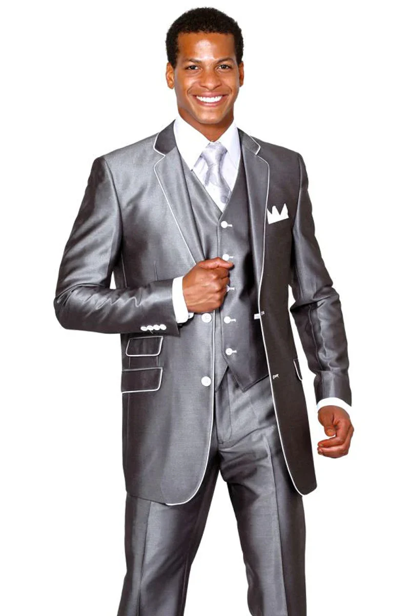 Mens Gray Tuxedo - Grey Wedding Suit-Men'S Vested Slim Fit Shiny  Sharkskin Tuxedo Suit In Grey With White Piping - Men's Tuxedo USA