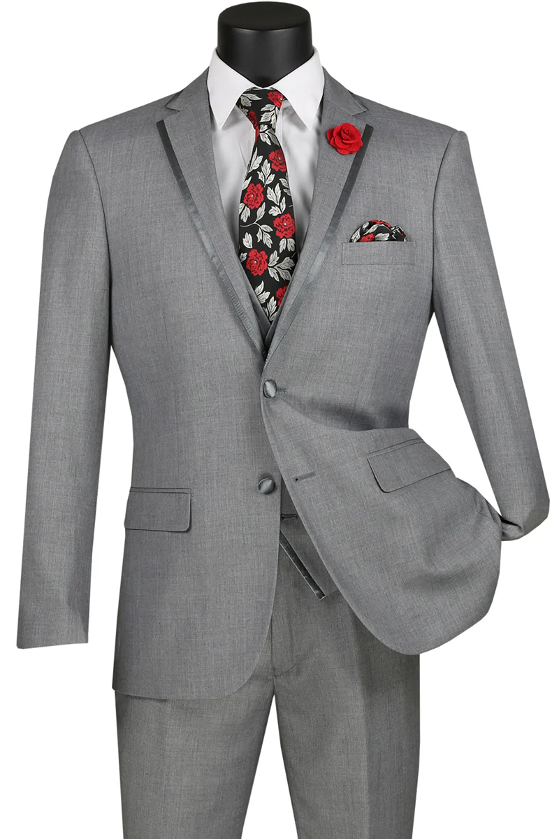 Mens Gray Tuxedo - Grey Wedding Suit-Mens Vested Wedding Trim Tuxedo  In Grey - Men's Tuxedo USA