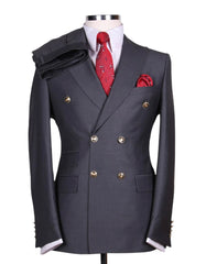 Mens Designer Modern Fit Double Breasted Wool Suit with Gold Buttons in Charcoal - Men's Tuxedo USA