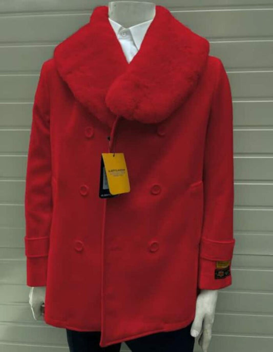 Mens Pea coats With Fur Collar - Wool Hot Red Peacoats - Men's Tuxedo USA