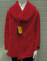 Mens Pea coats With Fur Collar - Wool Hot Red Peacoats - Men's Tuxedo USA