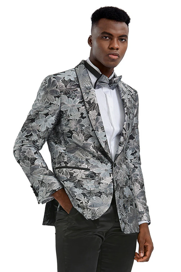 Mens Gray Tuxedo - Grey Wedding Suit-Mens Slim Fit Paisely Prom Tuxedo Jacket In Charcoal & Silver Grey - Men's Tuxedo USA