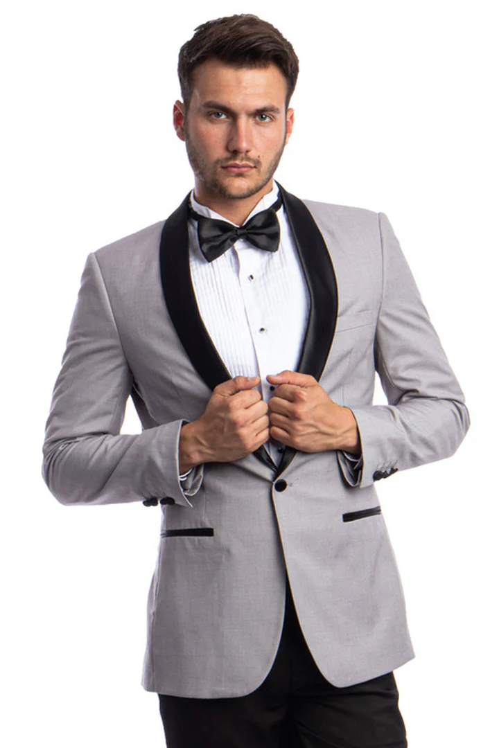 Mens Gray Tuxedo - Grey Wedding Suit-Mens  Skinny Fit  One Button Shawl Prom Tuxedo  In Light Grey - Men's Tuxedo USA