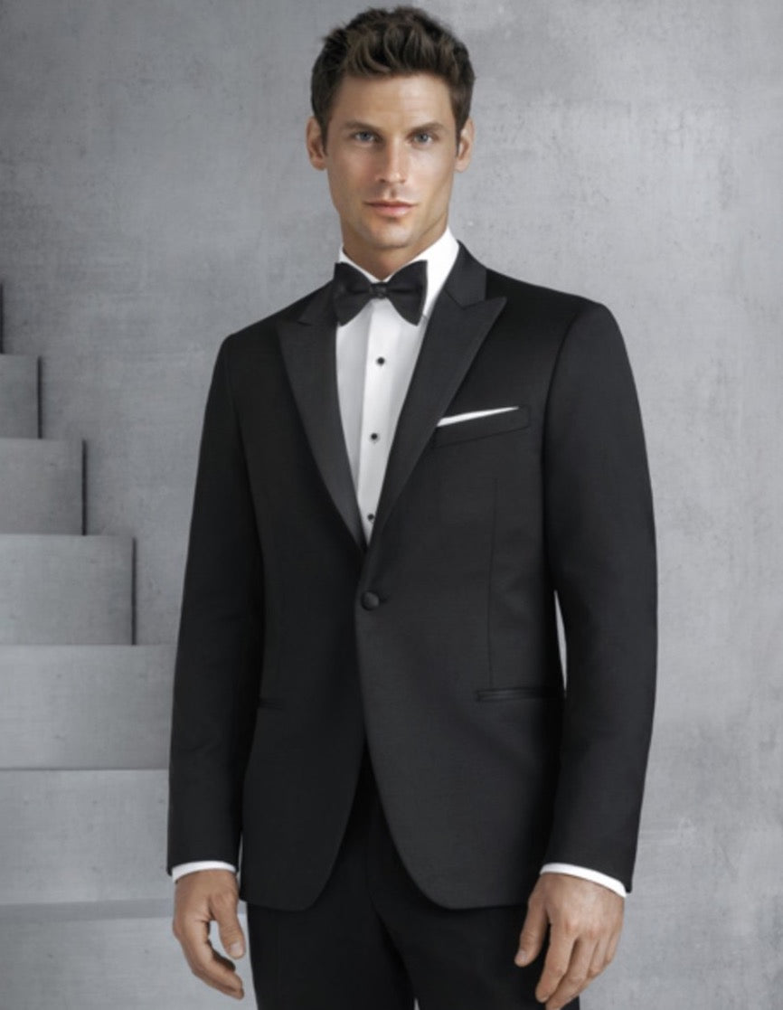 Mens Designer Kenneth Cole Slim Fit One Button Peak Tuxedo in Black - Mens Slim Fitted Tuxedo - Men's Tuxedo USA