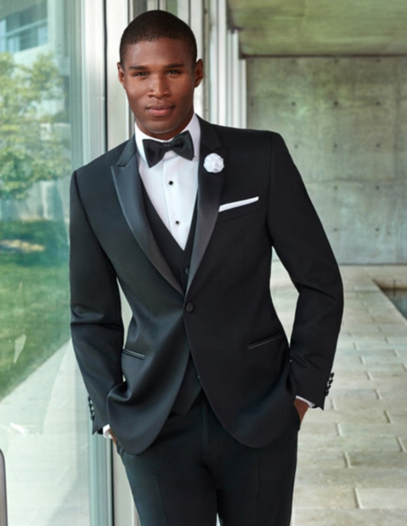 Mens Designer Slim Fit Peak Tuxedo in Black - Men's Tuxedo USA