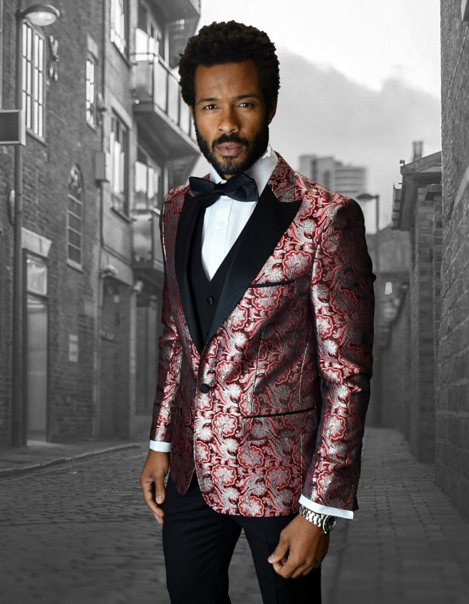 Mens Shiny Flower Pattern Paisley Tuxedo in Red - Men's Tuxedo USA