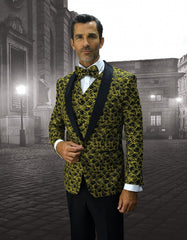 Mens Geometric Wave Paisley Tuxedo in Yellow & Black - Men's Tuxedo USA