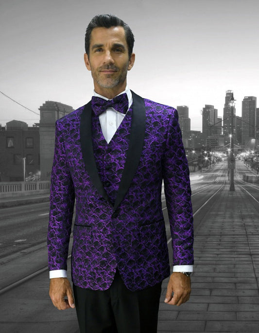 Mens Geometric Wave Paisley Tuxedo in Purple & Black - Men's Tuxedo USA