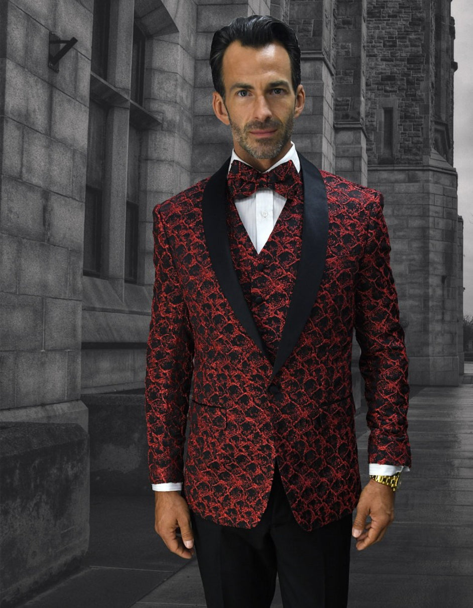 Mens Geometric Wave Paisley Tuxedo in Red & Black - Men's Tuxedo USA