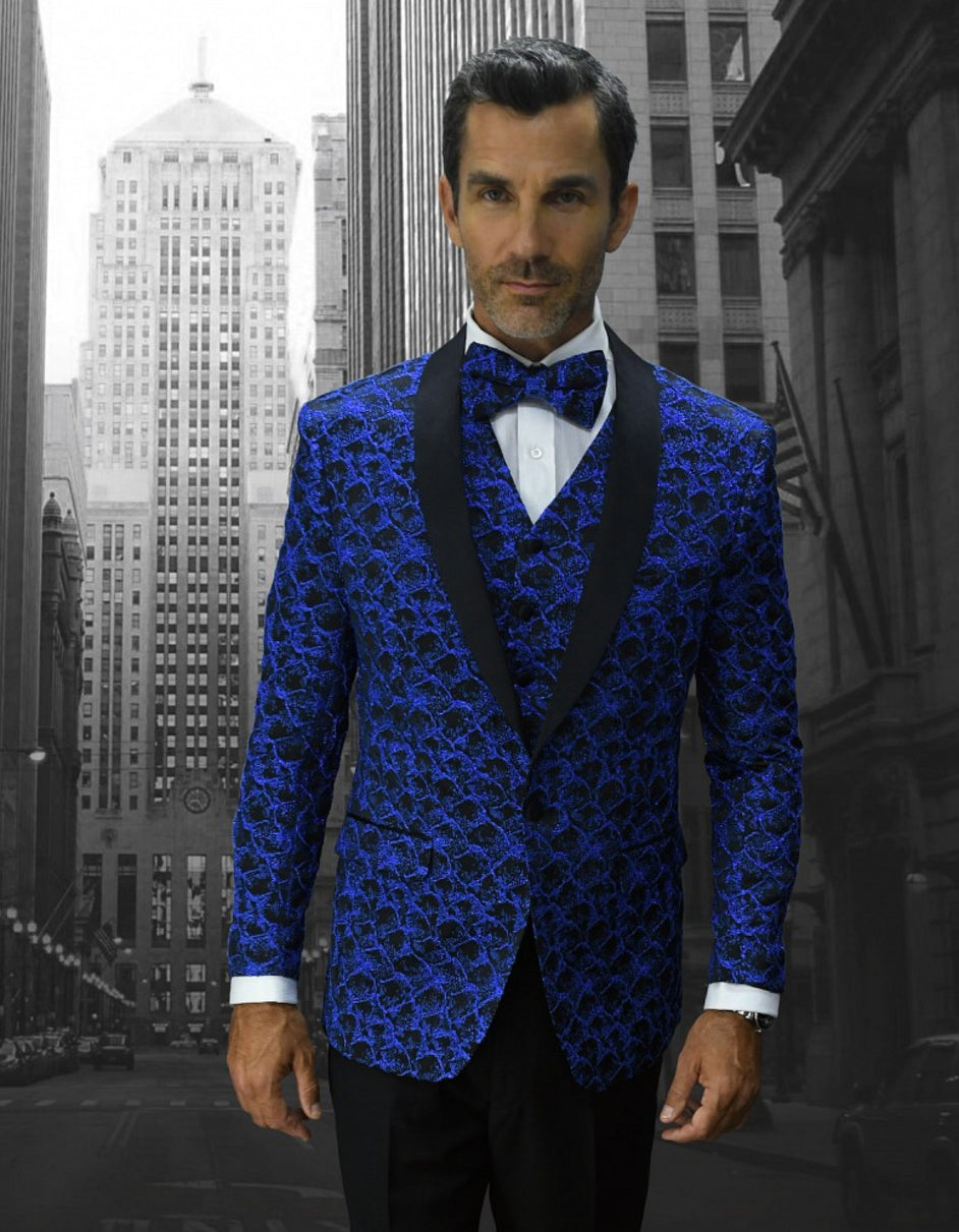 Mens Geometric Wave Paisley Tuxedo in Royal Blue & Black - Men's Tuxedo USA