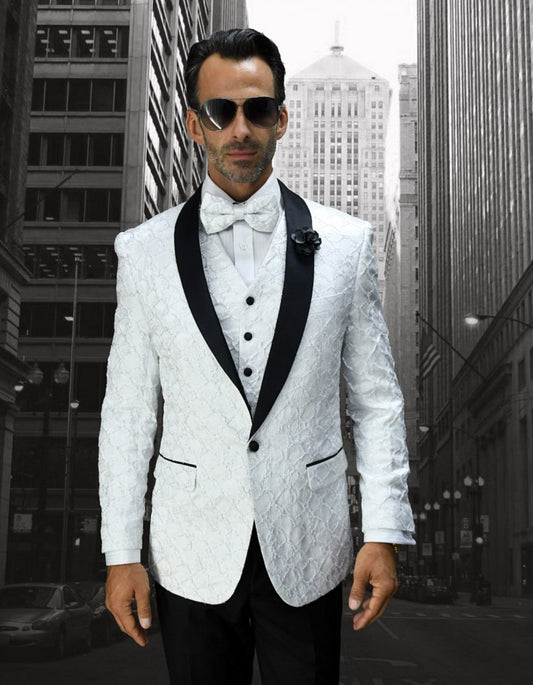 Mens 1 Button Shawl Lapel Vested Dinner Jacket Tuxedo in White Lace - Men's Tuxedo USA