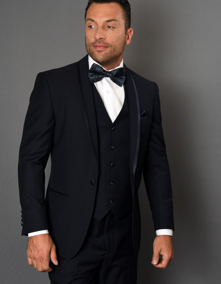 Mens One Button Satin Trim Shawl Tuxedo in Navy Wool - Men's Tuxedo USA