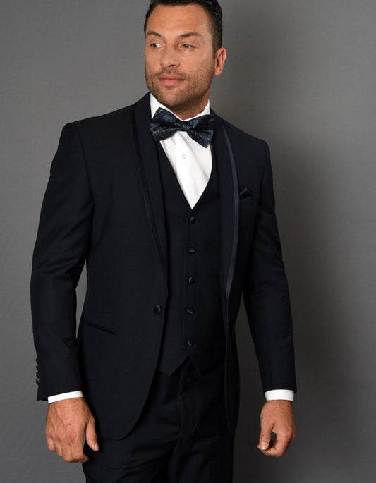 Mens One Button Satin Trim Shawl Tuxedo in Navy Wool - Men's Tuxedo USA