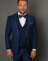 Mens One Button Satin Trim Shawl Tuxedo in Indigo Wool - Men's Tuxedo USA