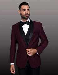 Mens 1 Button Shawl Lapel Wool Dinner Jacket in Burgundy - Men's Tuxedo USA