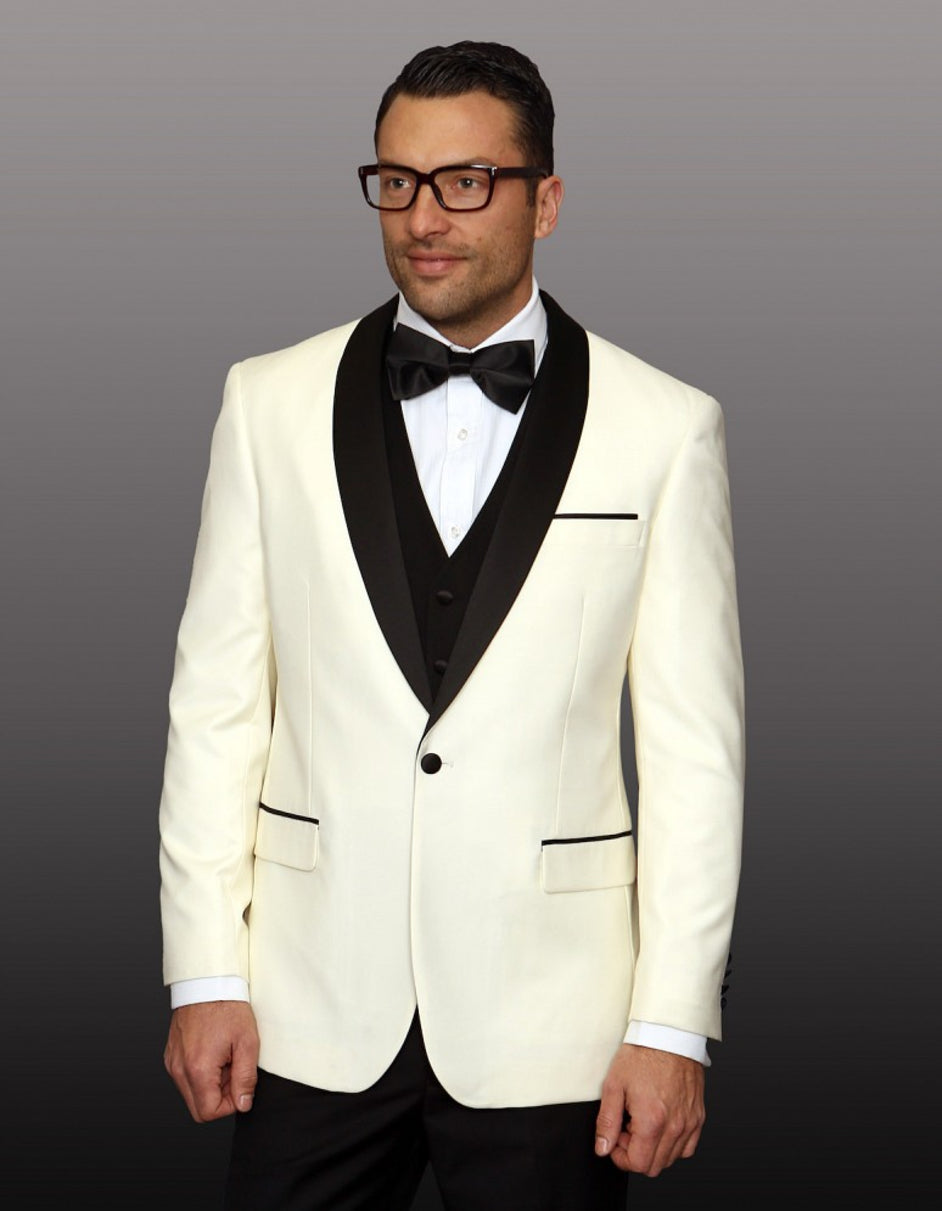 Mens 1 Button Shawl Lapel Wool Dinner Jacket in Ivory & Black - Men's Tuxedo USA