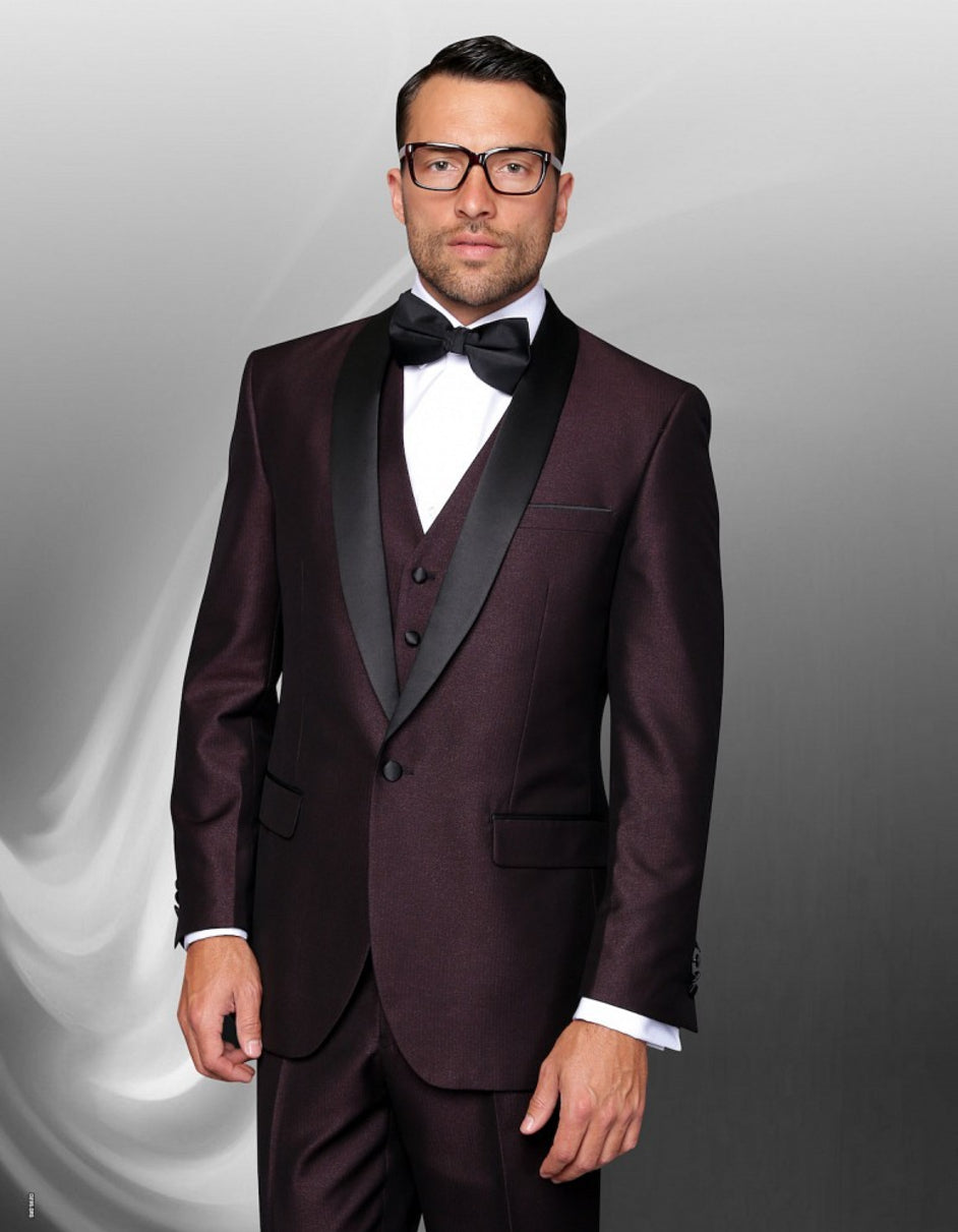 Mens 1 Button Shawl Lapel Vested Wool Wedding | Prom Tuxedo in Burgundy - Men's Tuxedo USA