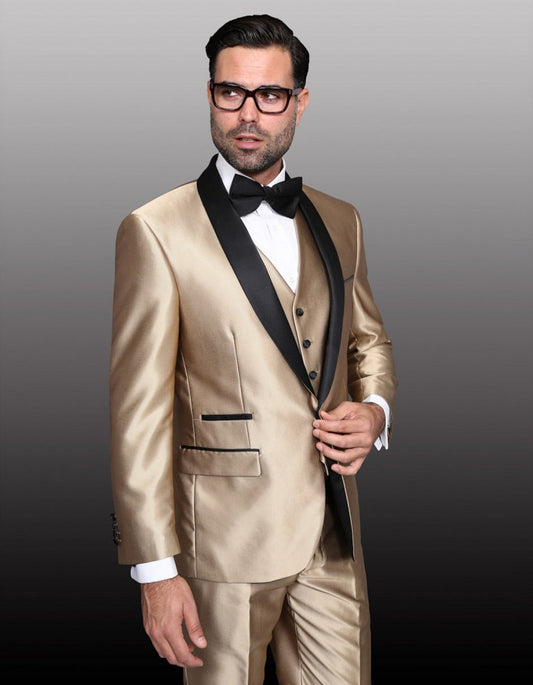 Mens 1 Button Shawl Lapel Vested Wedding | Prom Tuxedo in Gold Sharkskin - Mens Slim Fitted Tuxedo - Men's Tuxedo USA