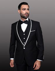 Mens One Button Satin Trim Shawl Tuxedo in Black & White - Men's Tuxedo USA