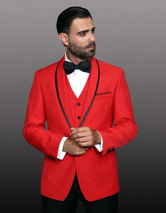 Mens One Button Satin Trim Shawl Tuxedo in Red & Black - Men's Tuxedo USA