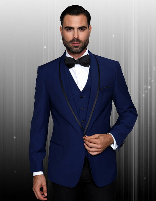 Mens One Button Satin Trim Shawl Tuxedo in Sapphire Blue & Black - Men's Tuxedo USA