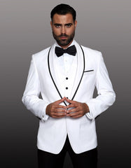 Mens One Button Satin Trim Shawl Tuxedo in White & Black - Men's Tuxedo USA