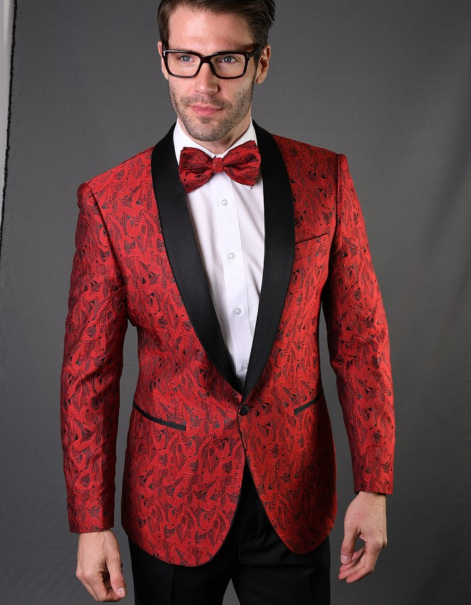 Mens Geometric Leaf Pattern Tuxedo in Red - Men's Tuxedo USA