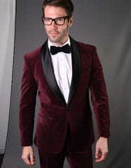 Mens 1 Button Shawl Lapel Velvet Tuxedo in burgundy - Men's Tuxedo USA