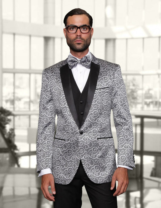 Mens Swirl Paisley Prom Tuxedo in Silver Grey & Black - Men's Tuxedo USA