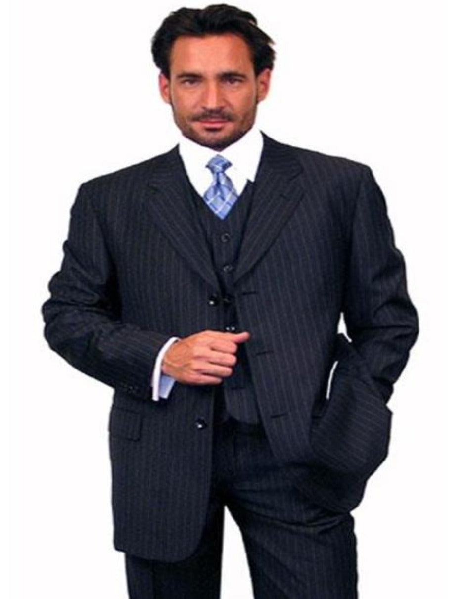 100% Wool Vested Dark Navy Blue Suit For Men - Men's Tuxedo USA