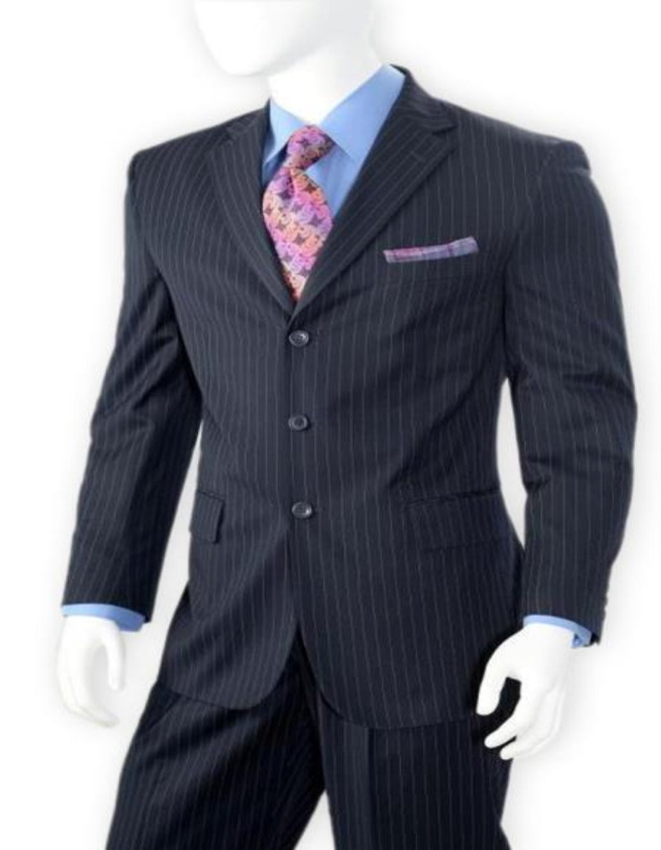 Albeto Nardoni Dark Navy Blue Pinstripe ~ Three Buttons Style Suit ~ 3 Buttons Stripe Wool Suit Pleated Pants - Men's Tuxedo USA