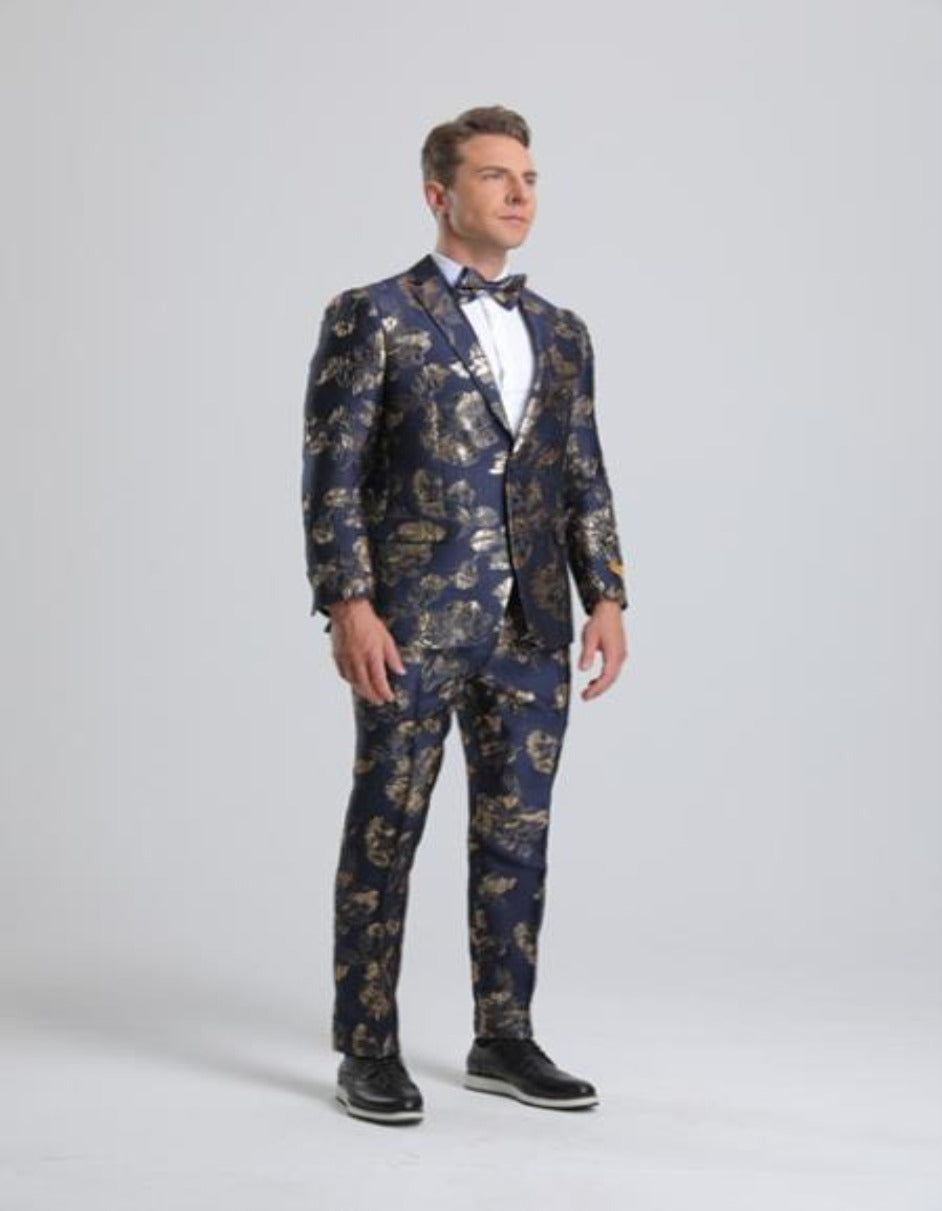 Paisley Suits - Wedding Tuxedo - Groom Gold ~ Navy Blue Suit + Matching Bowtie - Men's Tuxedo USA