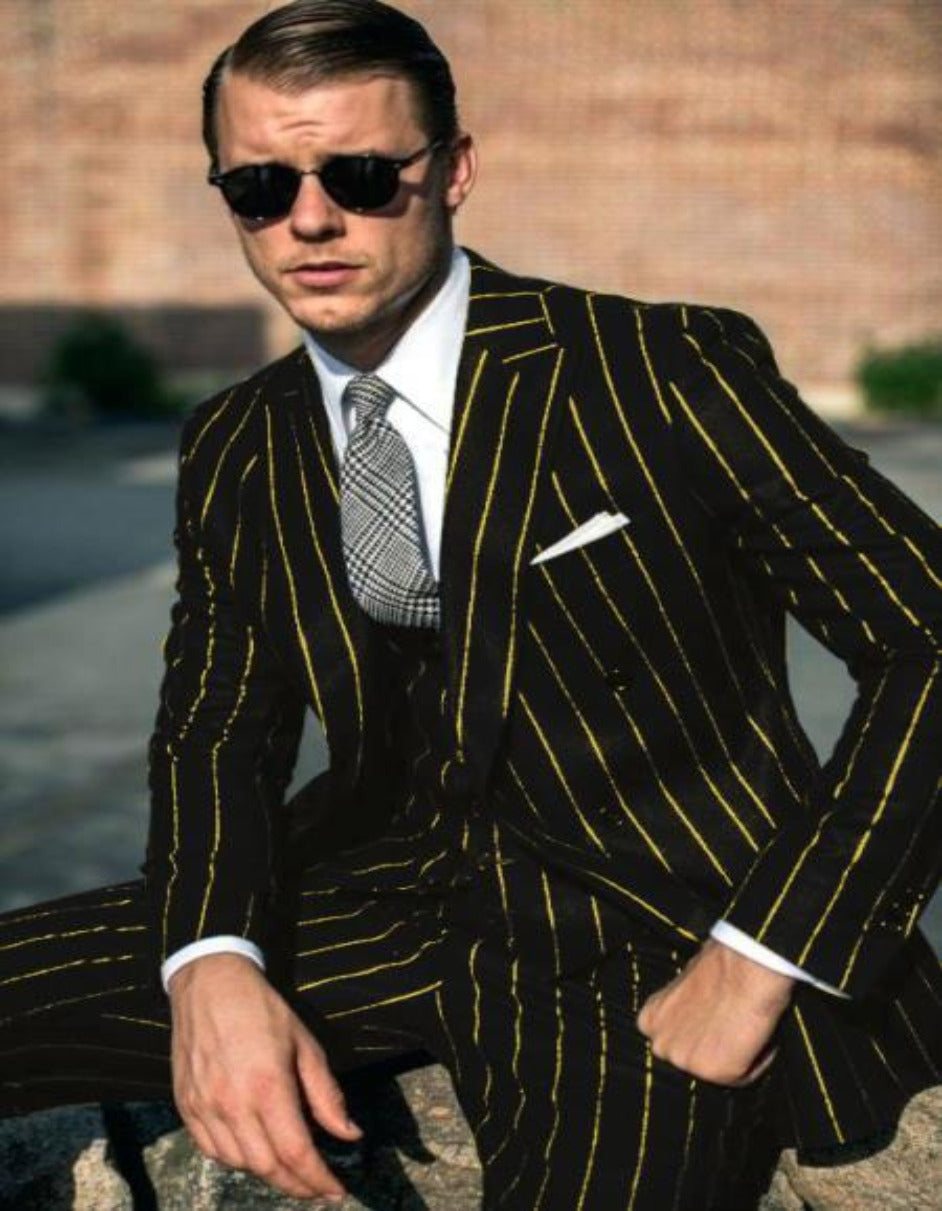 Black And Gold Stripe Suit - Vested Pinstripe Suit - Men's Tuxedo USA