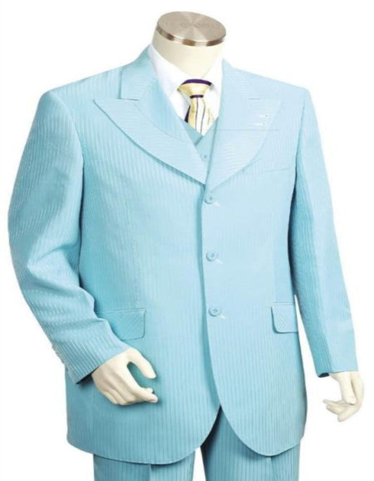 Mens Light Blue Wide Lapel 3 Piece Fancy Style Suit - Men's Tuxedo USA