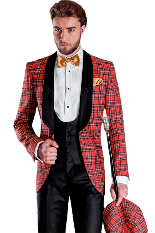 Mens Holiday Christmas Regular One Button Fit in Red Tartan Plaid Suit + Black Vest + Black Pants Included