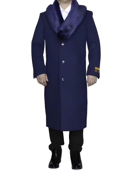 Indigo Blue Removable Fur Collar Ankle length Wool Top Coat/Overcoat | Winter men's Topcoat Sale - Mens Overcoat - Men's Tuxedo USA