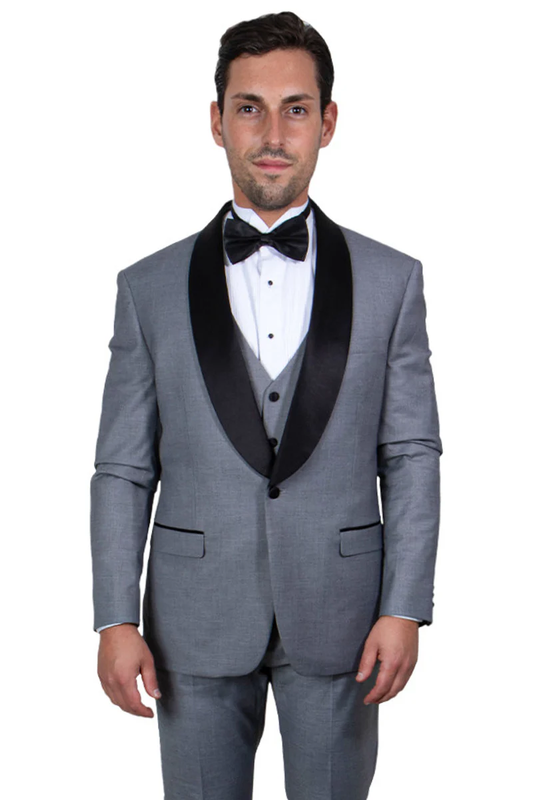 Mens Gray Tuxedo - Grey Wedding Suit-Mens  Stacy Adams Vested  One Button  Shawl Lapel Tuxedo In  Grey - Men's Tuxedo USA