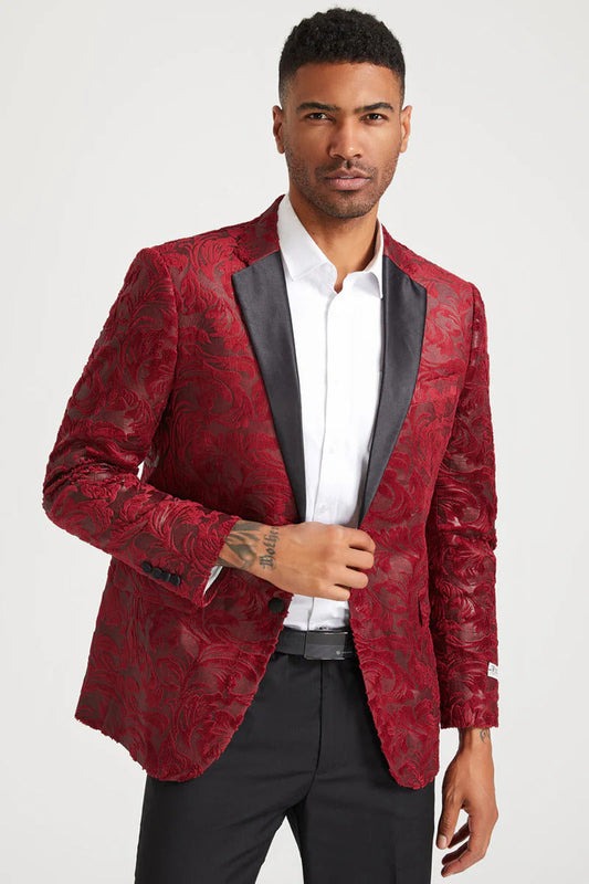 Men's Stacy Adam's Paisely Velvet Prom & Wedding Tuxedo Jacket  In Red - Men's Tuxedo USA