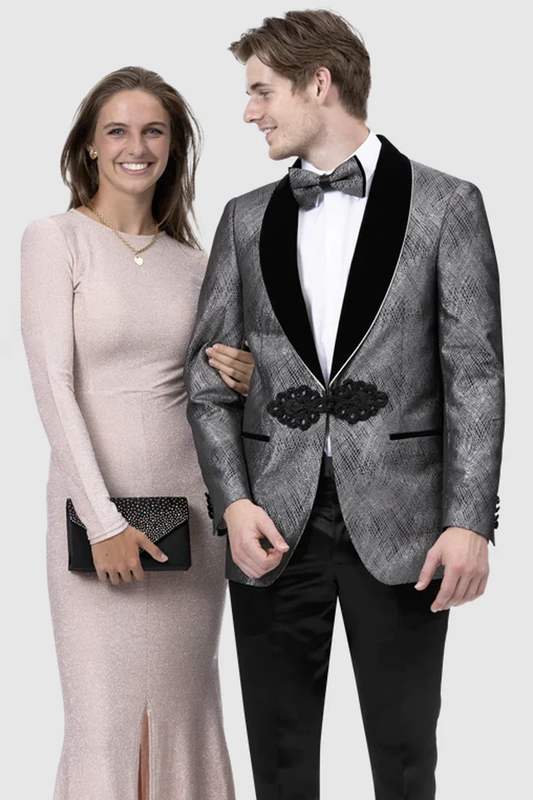 Mens Gray Tuxedo - Grey Wedding Suit-Mens Shiny Hatch Pattern Smoking Jacket In Charcoal Grey - Men's Tuxedo USA