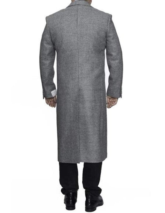 Full Length Light Grey Ankle length Wool Dress Top Coat / Overcoat - Men's Tuxedo USA