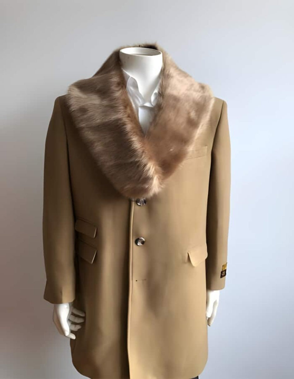 Long Jacket Ticket Pocket Designer men's Wool Peacoat Sale ~ Wool men's Car Coat Mid Length Three quarter length coat ~ Overcoat With Fur Collar Camel - Men's Tuxedo USA