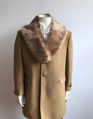 Long Jacket Ticket Pocket Designer men's Wool Peacoat Sale ~ Wool men's Car Coat Mid Length Three quarter length coat ~ Overcoat With Fur Collar Camel - Men's Tuxedo USA