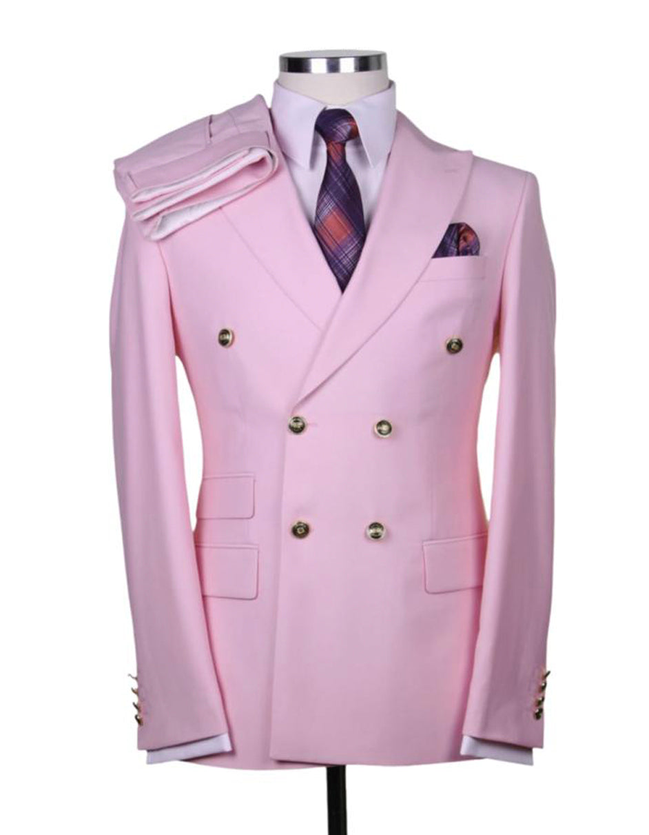 Mens Designer Modern Fit Double Breasted Wool Suit with Gold Buttons in Pink - Men's Tuxedo USA