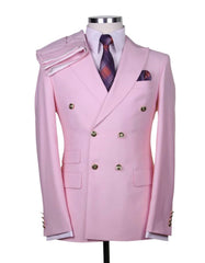 Mens Designer Modern Fit Double Breasted Wool Suit with Gold Buttons in Pink - Men's Tuxedo USA