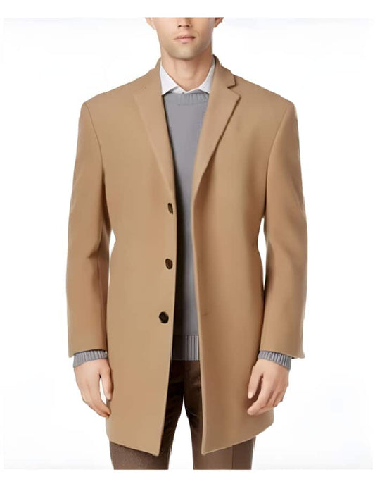 Long Jacket Wool men's Car Coat Mid Length Three quarter length coat Tan - Men's Tuxedo USA