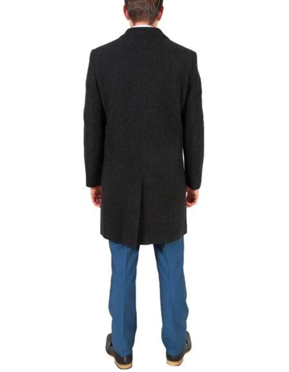 Modern Fit Poly Dark Charcoal Overcoat Wool men's Car Coat Mid Length Three quarter length coat - Men's Tuxedo USA