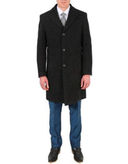 Modern Fit Poly Dark Charcoal Overcoat Wool men's Car Coat Mid Length Three quarter length coat - Men's Tuxedo USA