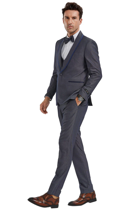 Mens Gray Tuxedo - Grey Wedding Suit-Mens One Button  Vested Shawl Lapel Tuxedo In Grey Birdseye With Blue Trim - Men's Tuxedo USA