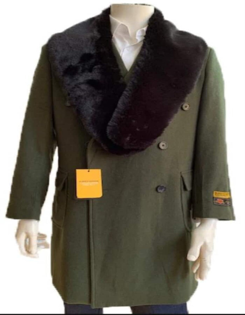 Olive Green Peacoat Double Breasted Three Quarter Overcoat - Wool And Cashmere Peacoat - Topcoat - Men's Tuxedo USA