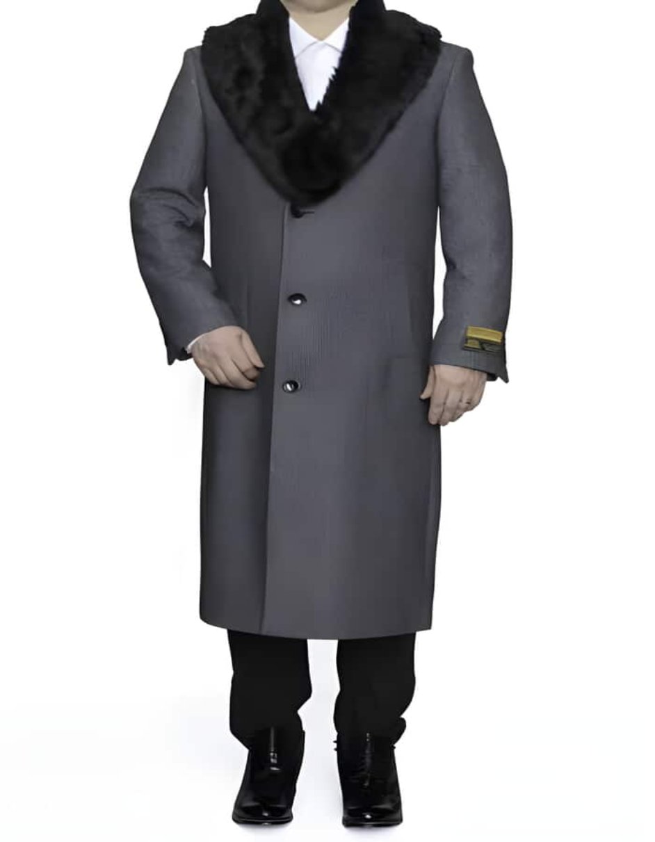 Removable Fur Collar Full Length Wool Dress Ankle length Overcoat In Grey Herringbone - Men's Tuxedo USA